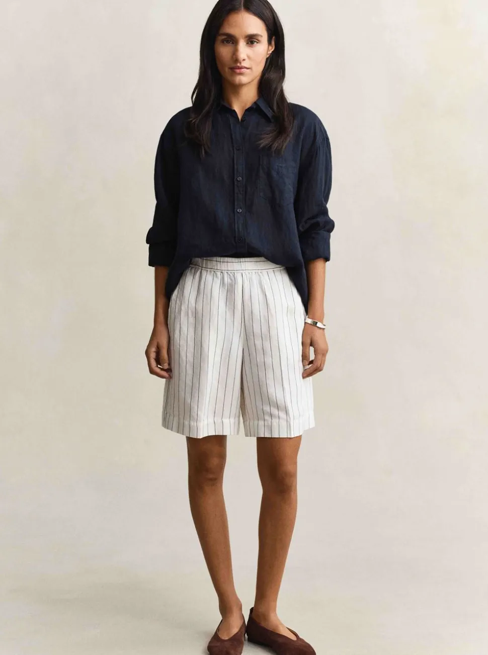 STRIPED LINEN BLEND PULL ON SHORTS DAM