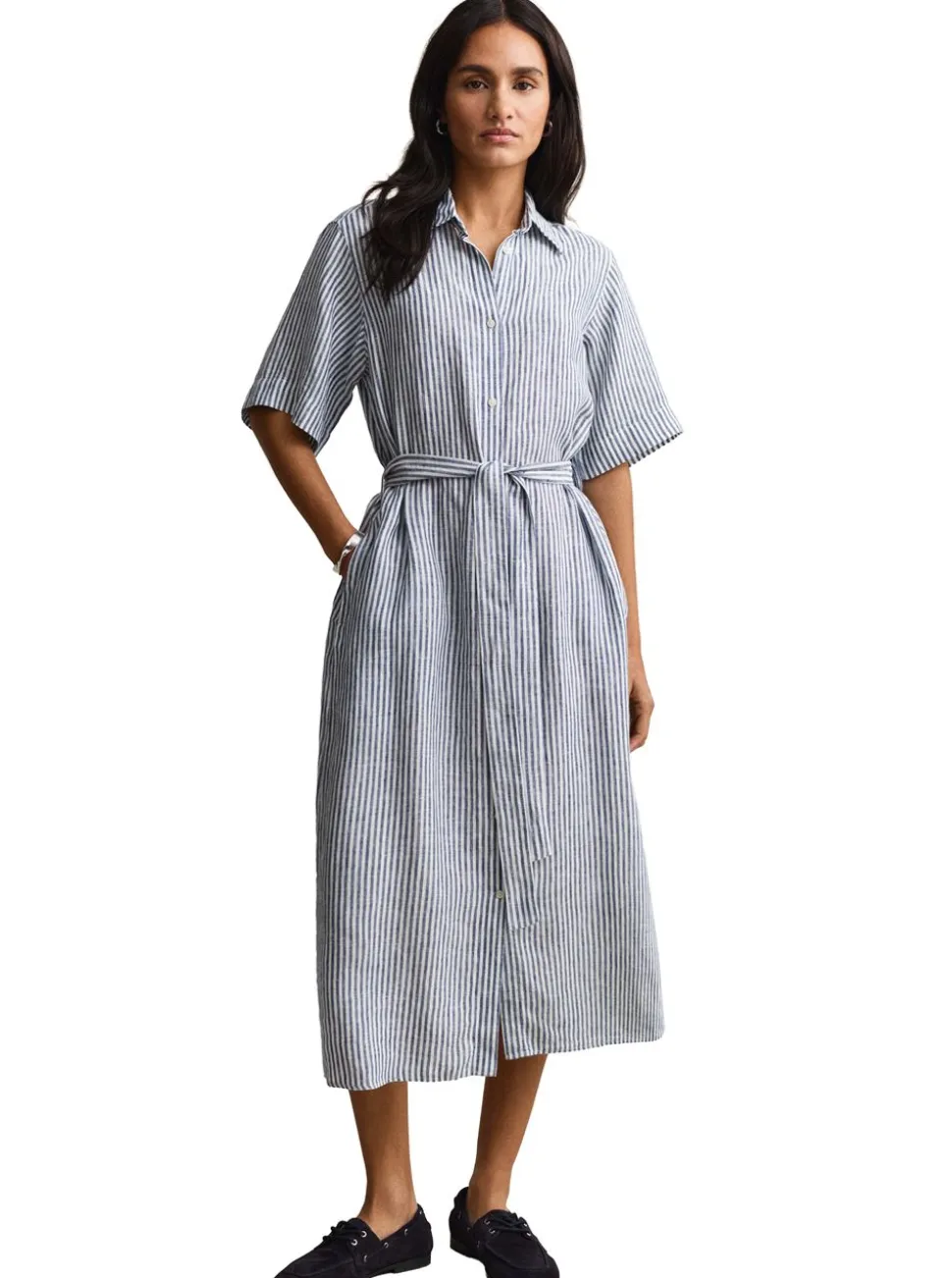 STRIPED LINEN SHORT SLEEVE SHIRT DRESS