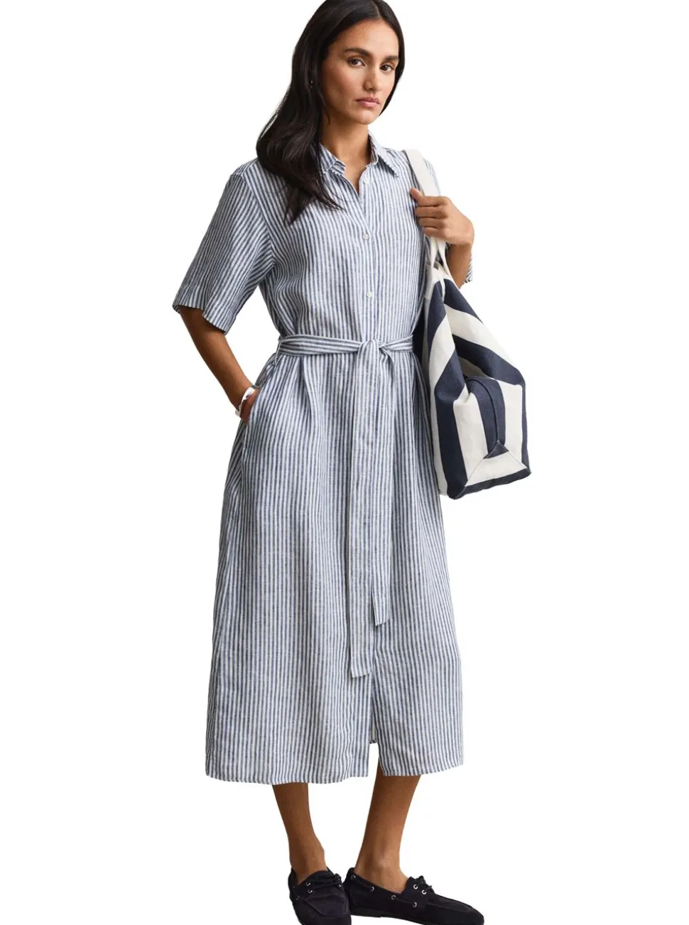 STRIPED LINEN SHORT SLEEVE SHIRT DRESS